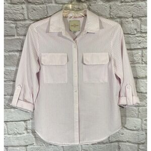 Casa Cabana Izzie Seersucker Shirt Womens Medium Pink White Stripe Roll Tab Top